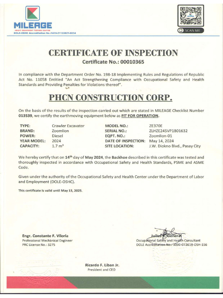 Back Hoe Third Party Certificate | PDF
