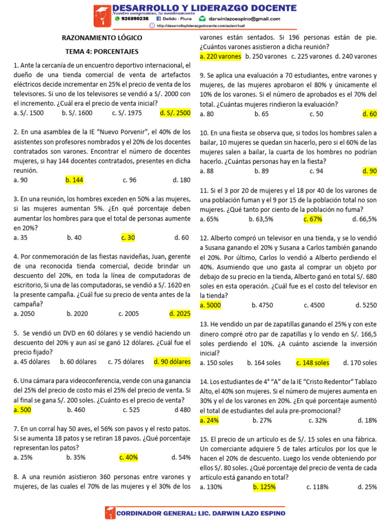 Razonamiento Logico - Tema - 04 - Porcentajes | PDF | Porcentaje