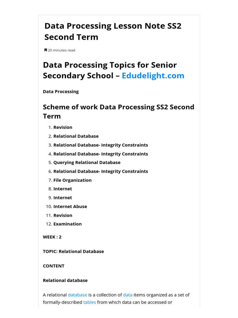 Data Processing Lesson Note SS2 Term 2 | PDF | Relational Database ...