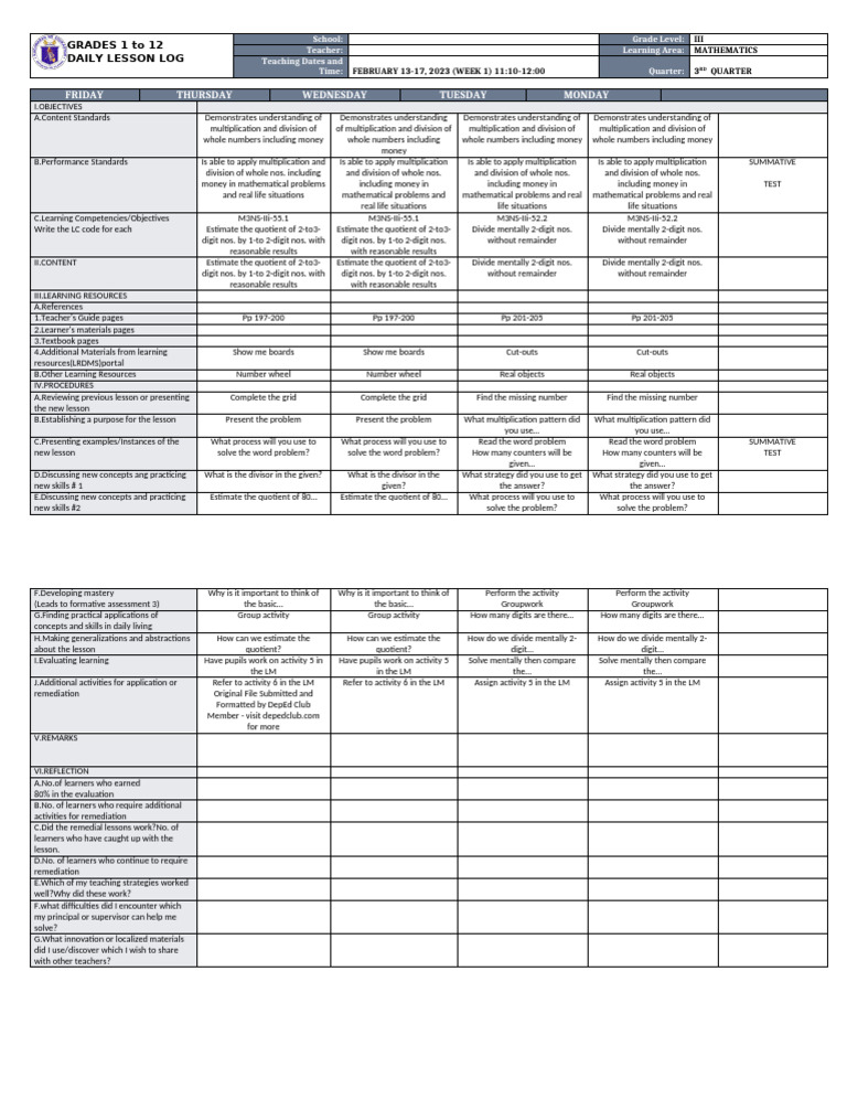 Grade 3 Math Daily Lesson Plan | PDF | Cognitive Science | Teaching