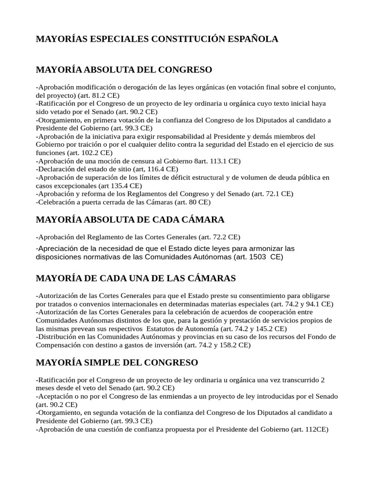 Mayorias Especiales para La Constitución Española | PDF | Cortes ...