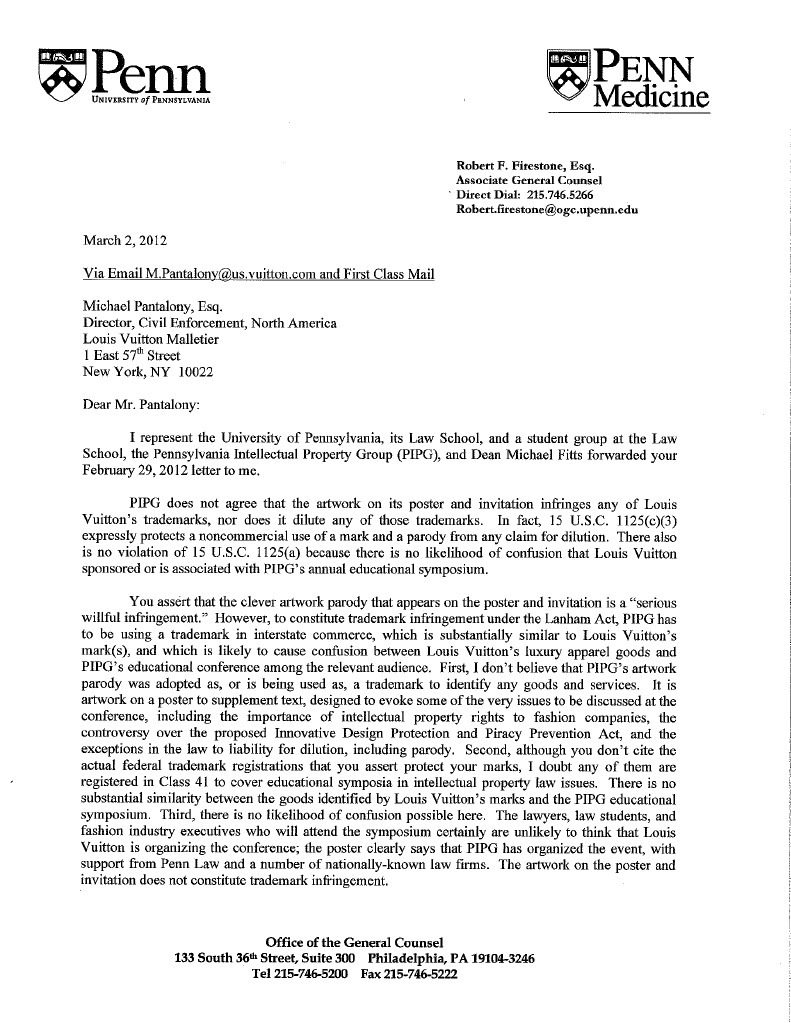 Penn Law School Response To Louis Vuitton Over IP Flyer Cease And 