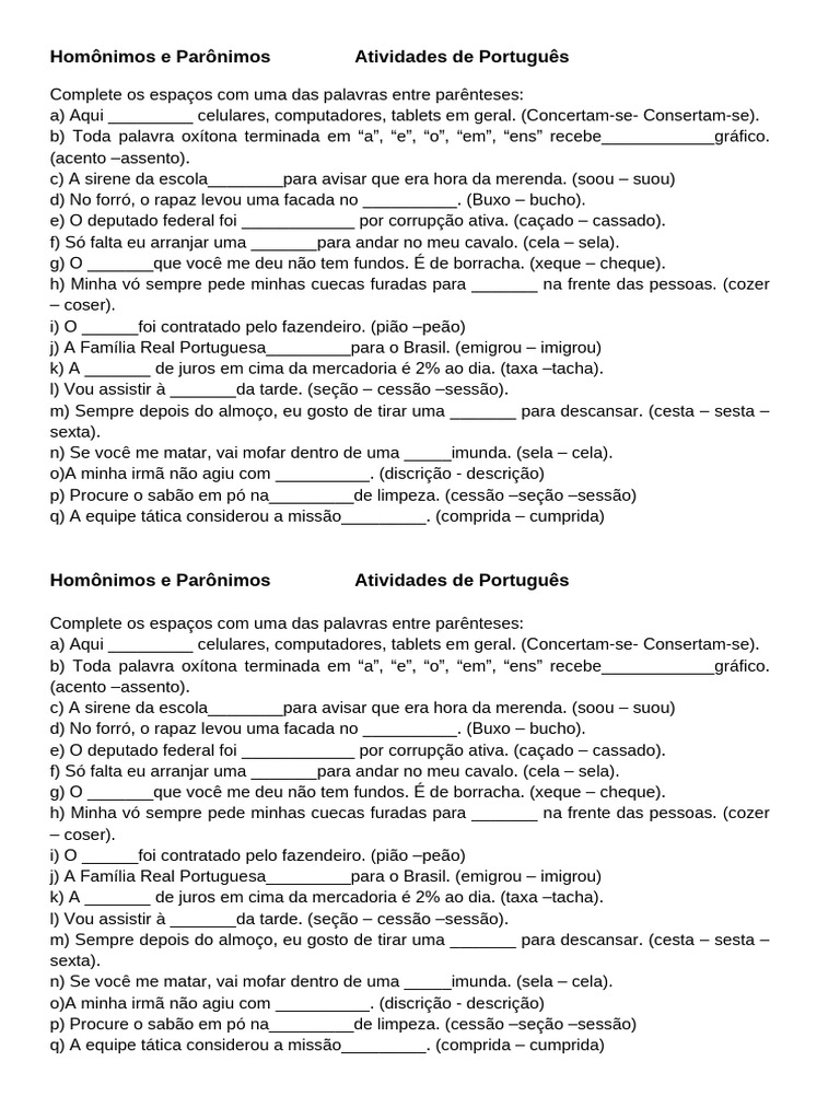 Atividades sobre Homônimos e Parônimos | PDF