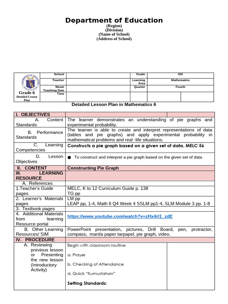Grade 6 Math Lesson Plan: Pie Graphs | PDF | Learning | Teachers