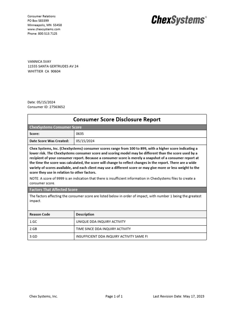 ChexSystems Consumer Score Report 2024 | PDF