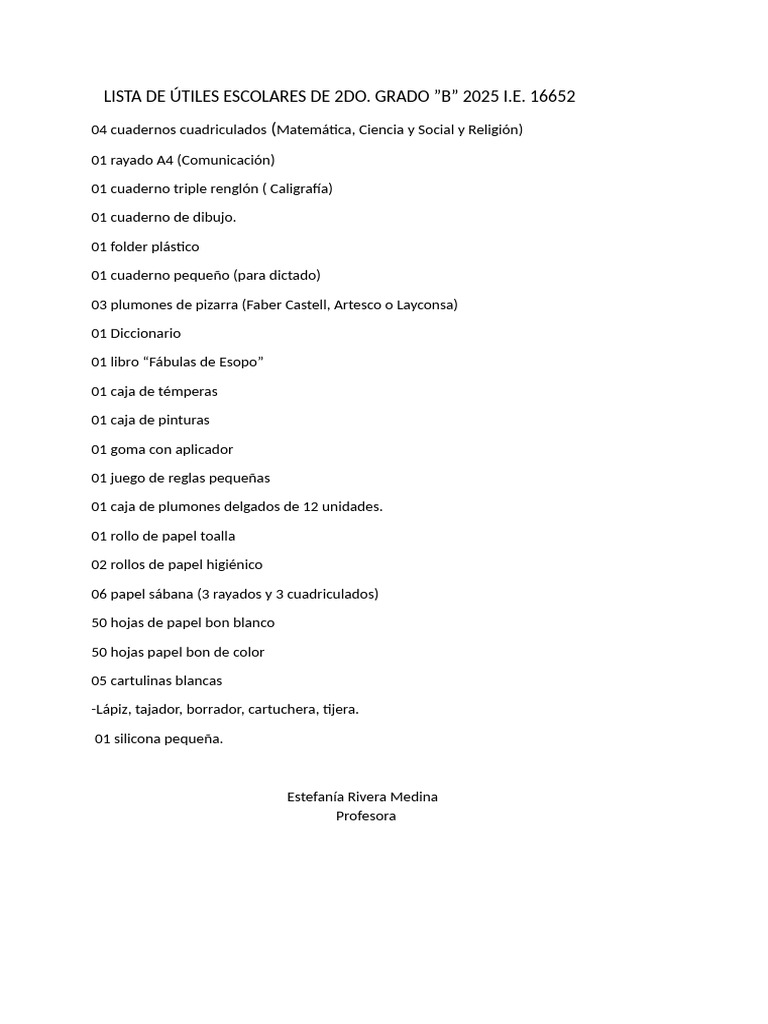 Lista de Útiles Escolares de 2do | PDF