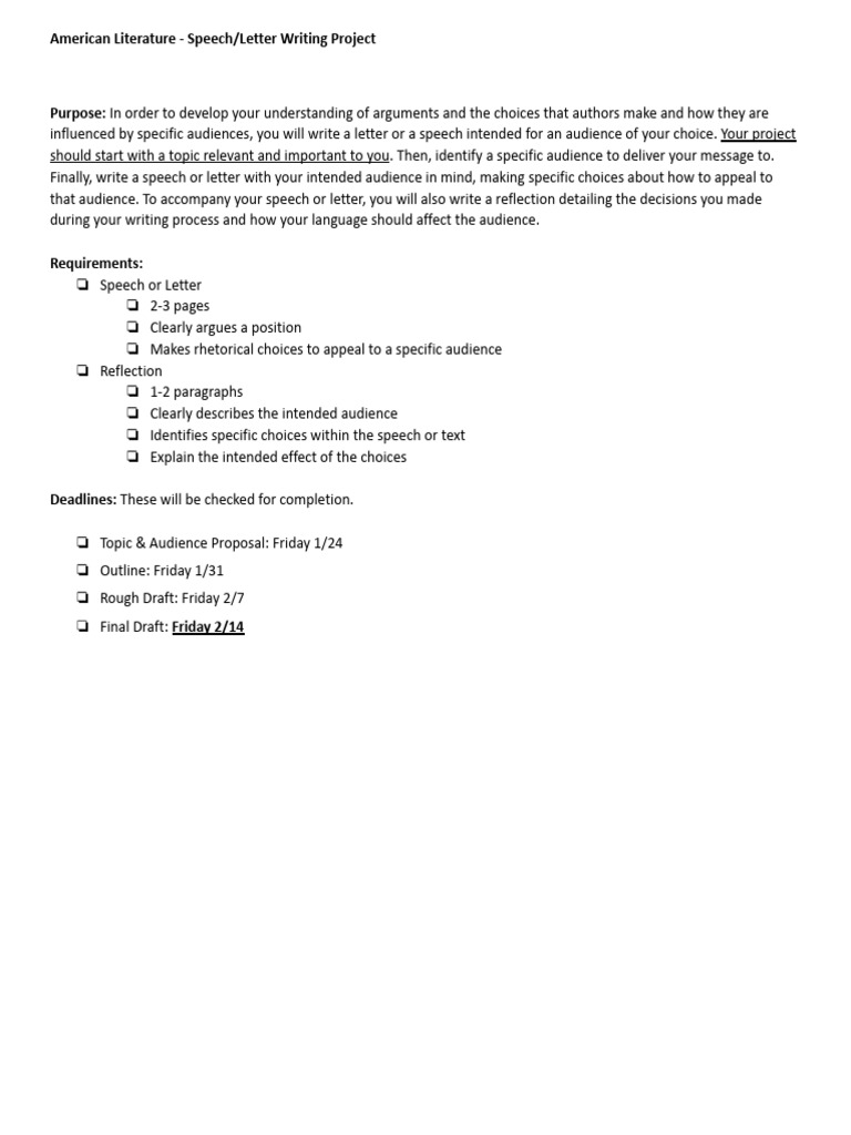 Speech and Letter Writing Project Guide | PDF | Rhetoric | Essays