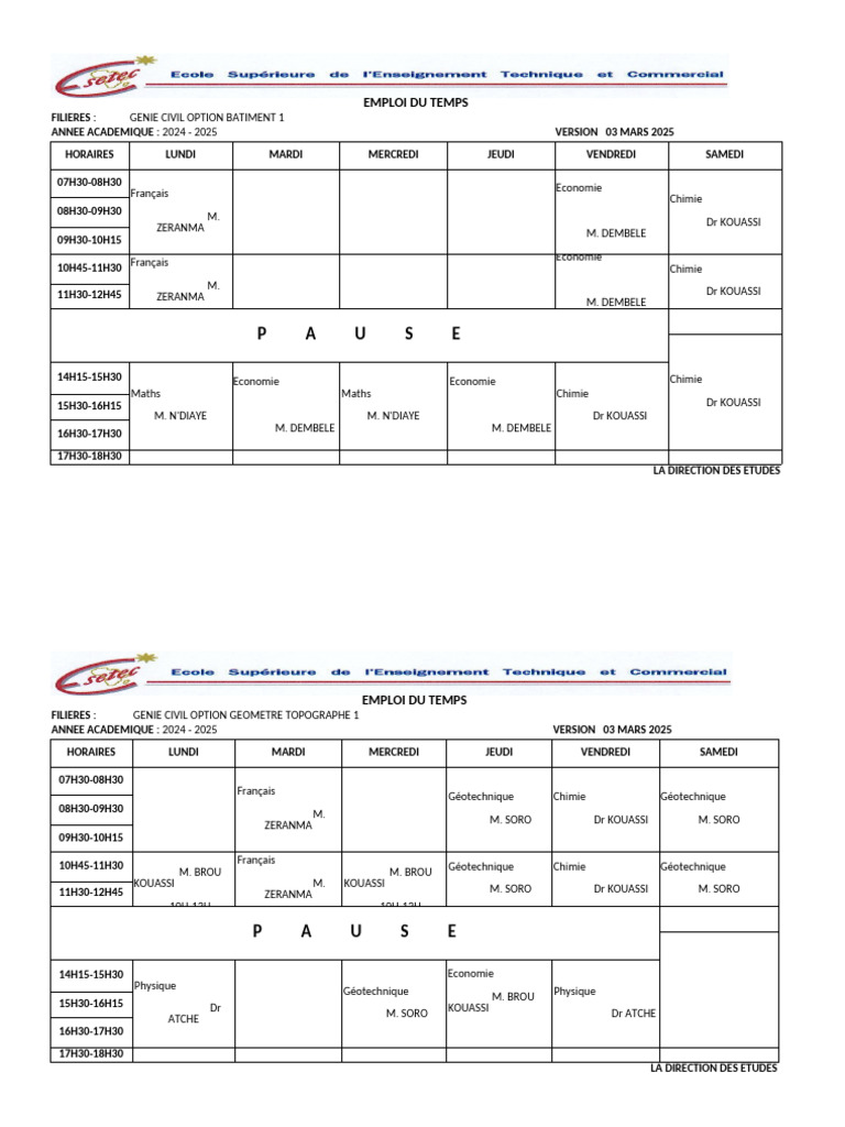Emploi du Temps Génie Civil 2024-2025 | PDF | Sciences physiques ...