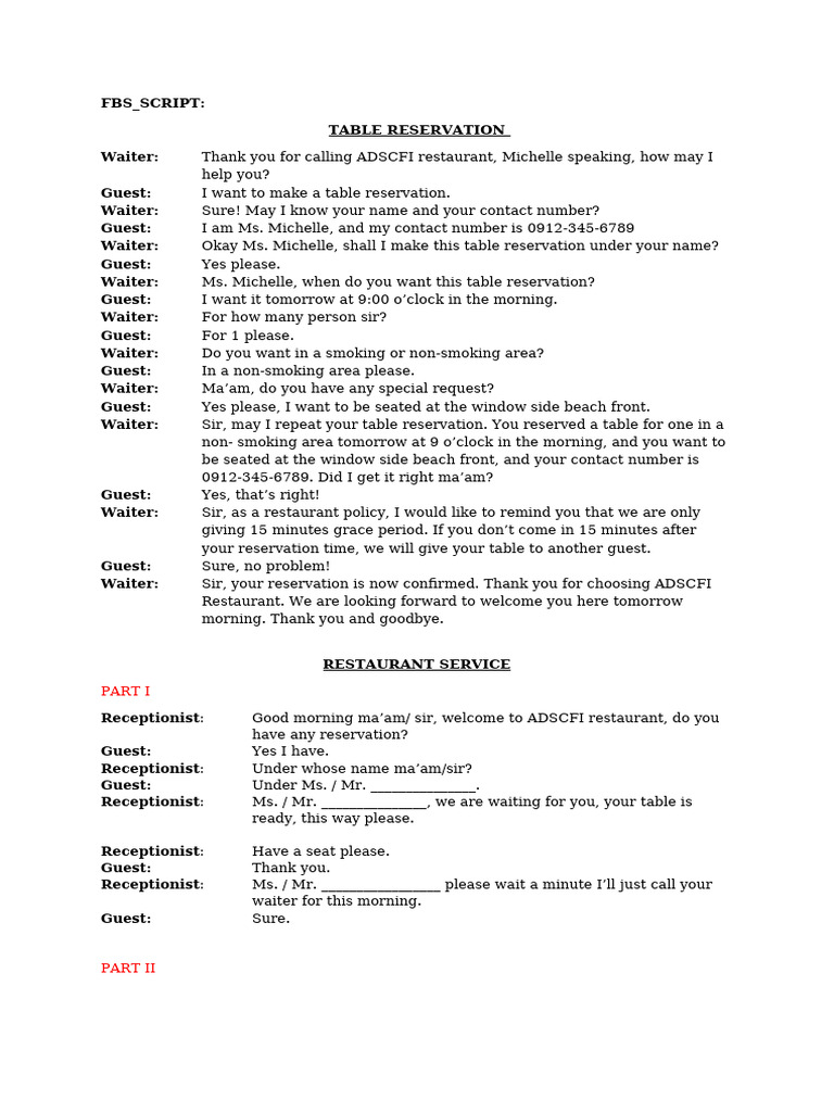 Restaurant Reservation and Service Script | PDF | Waiting Staff ...