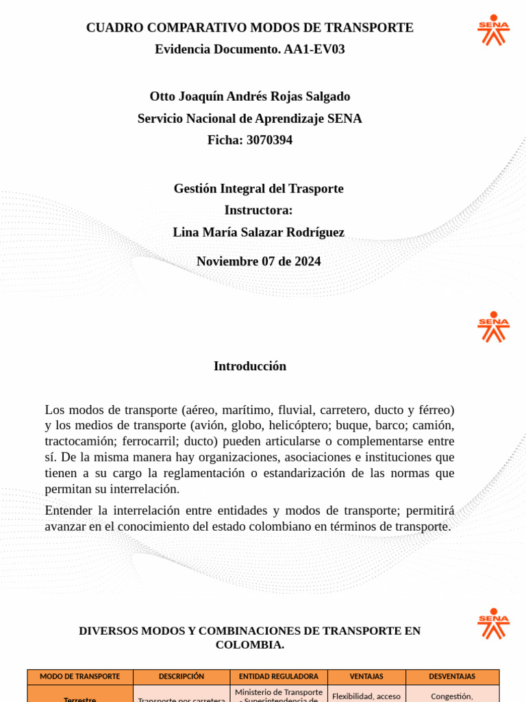 Modos de Transporte en Colombia: Comparativa | PDF | Transporte ...