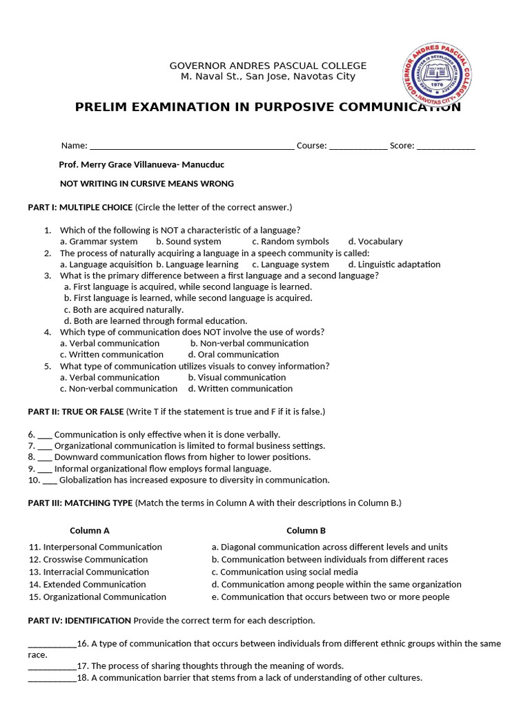 Purposive Communication Prelim | PDF | Communication | Nonverbal ...