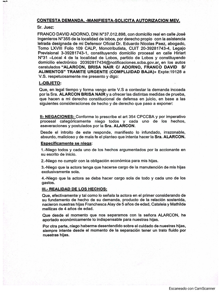 Contesta Demanda Alimentos Mev | PDF
