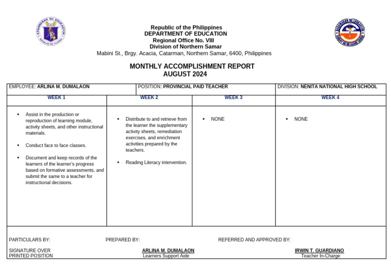 August 2024 Accomplishment Report | PDF