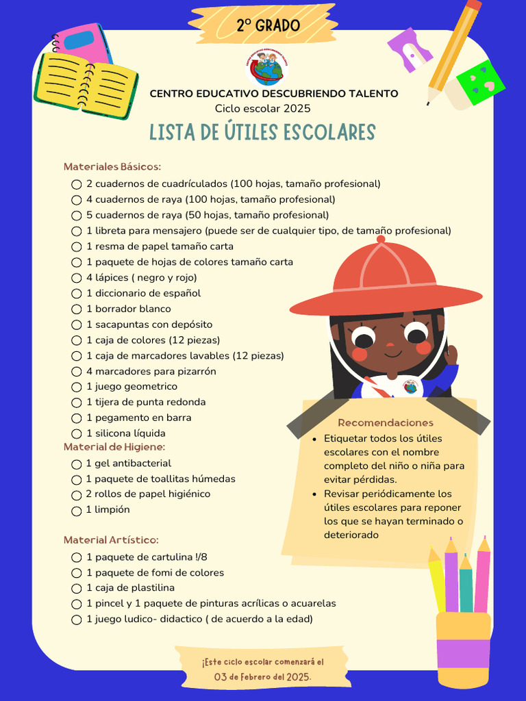 Lista de Útiles Escolares 2º Grado 2025 | PDF