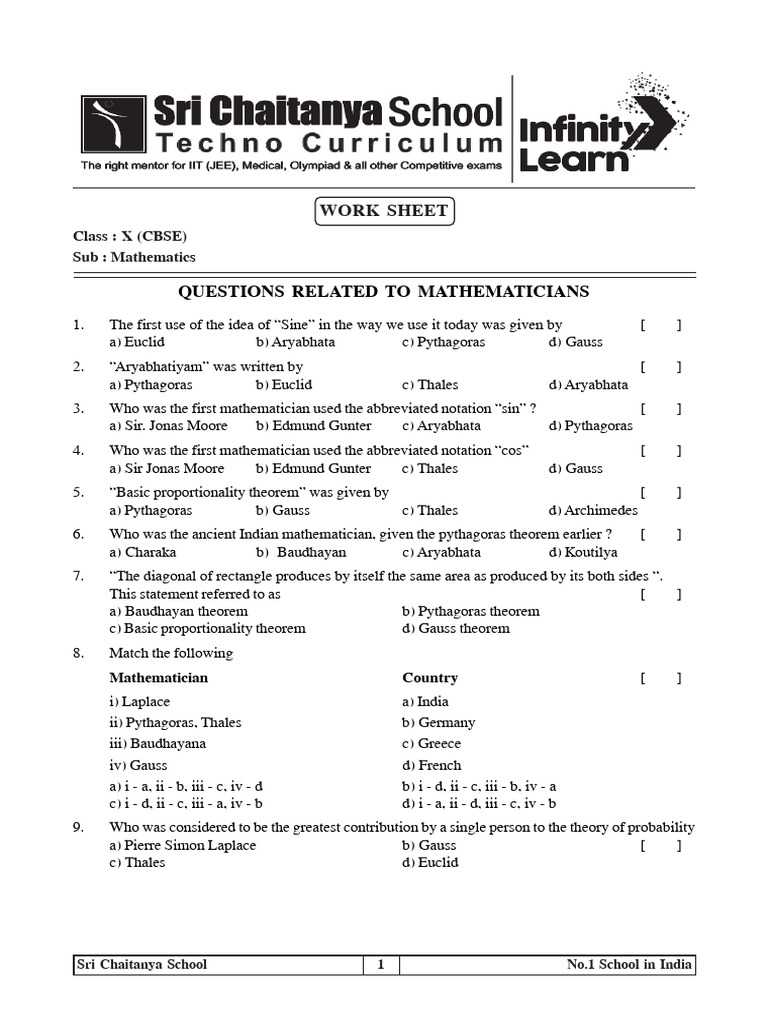 CBSE Class X Maths Worksheet on Mathematicians | PDF | Mathematics | Euclid