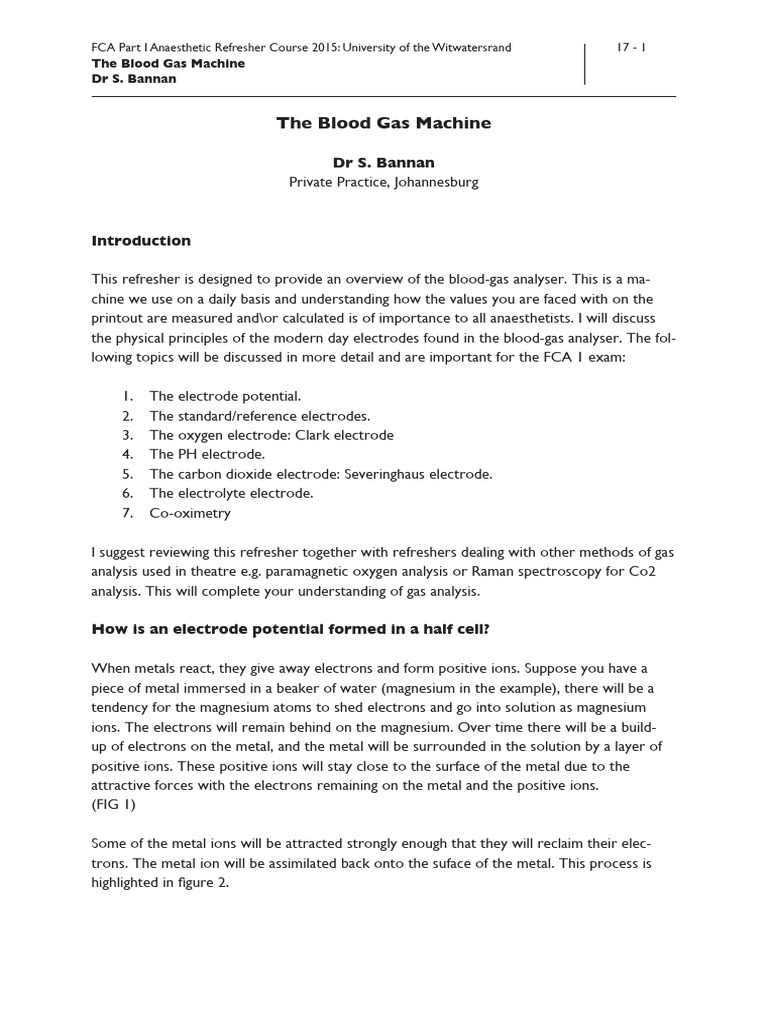 Blood Gas Analyzer Overview for Anaesthetists | PDF | Ph | Electrode