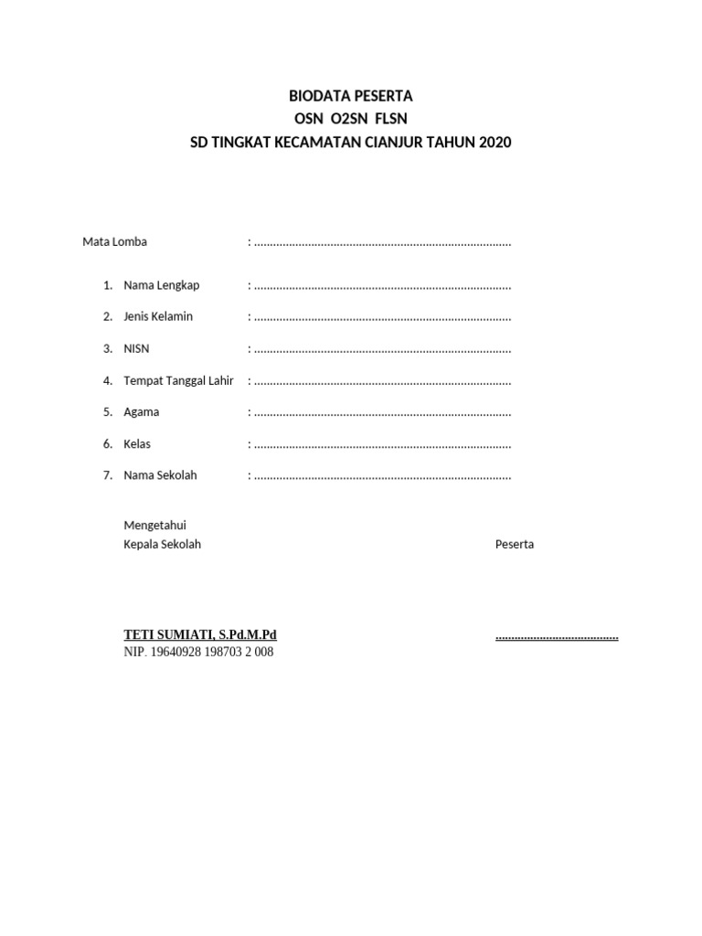 Biodata Peserta OSN O2SN FLSN 2020 | PDF