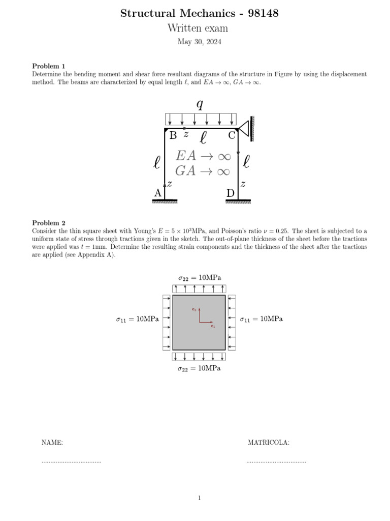 Structural Mechanics Exam Problems | PDF | Stress (Mechanics) | Bending