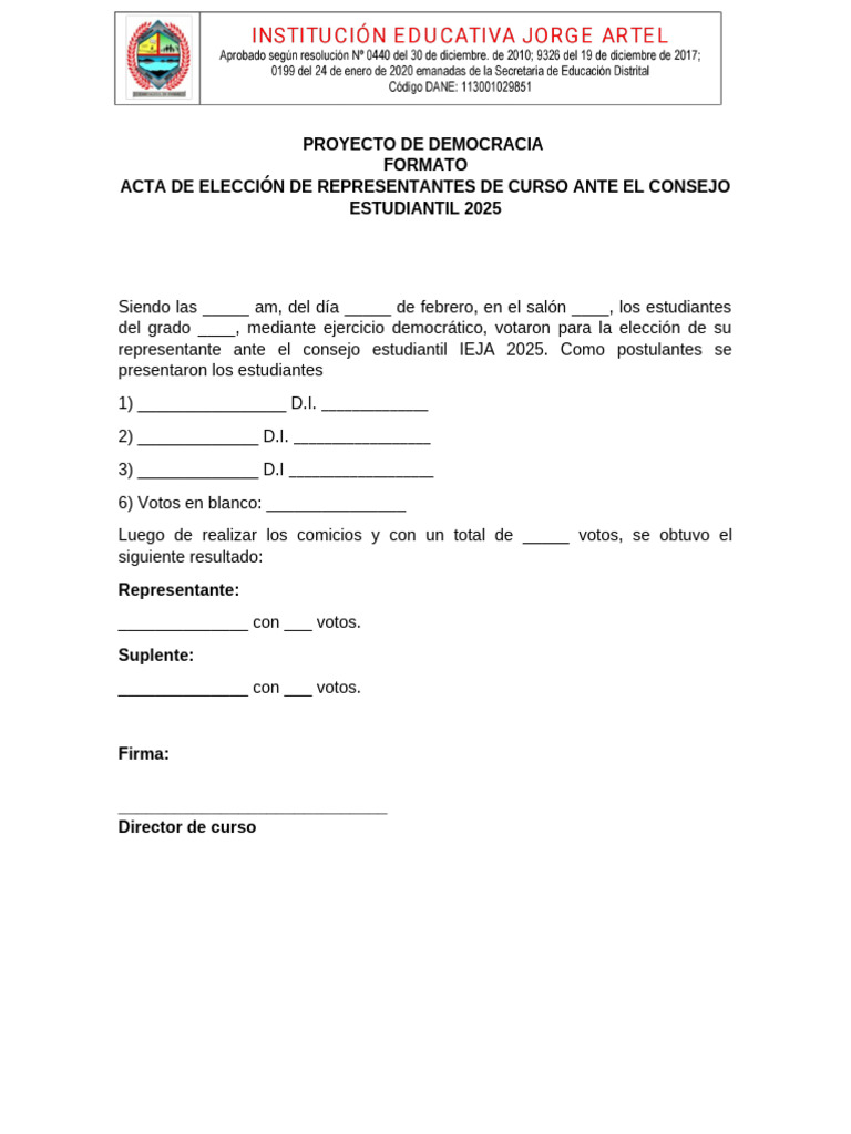 Acta de Elección de Representantes de Curso Ante El Consejo Estudiantil ...