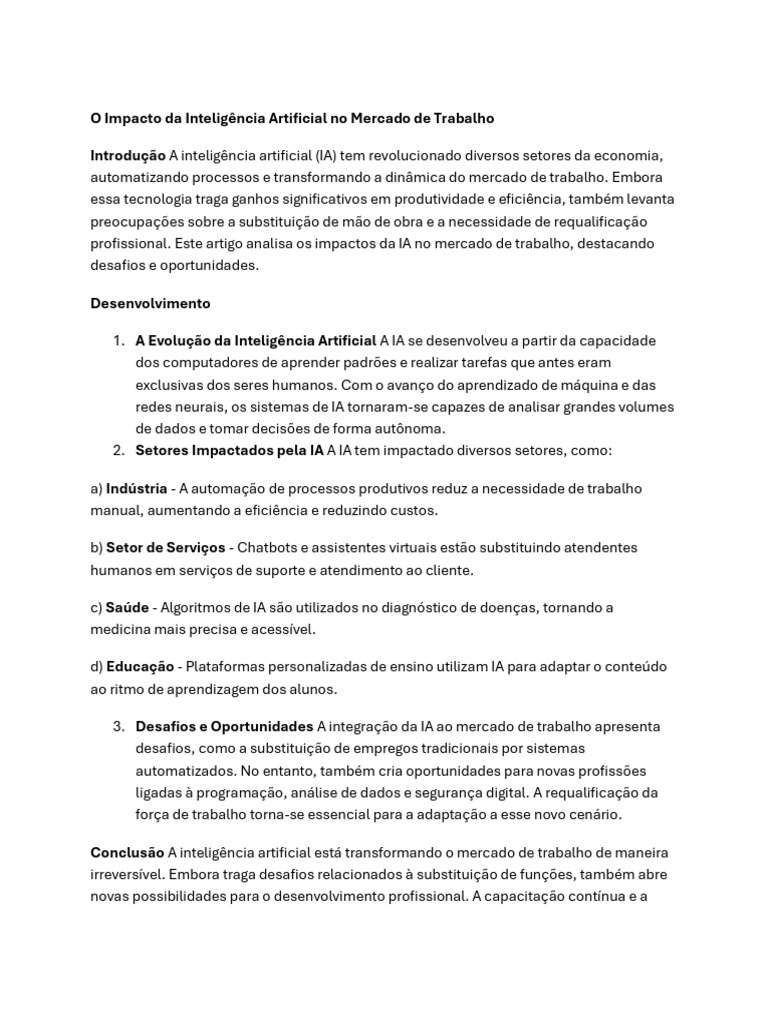 Impactos da IA no Mercado de Trabalho | PDF | Inteligência artificial ...