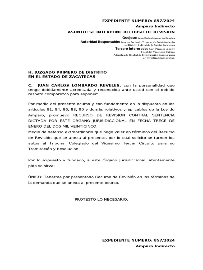 Recurso de Revisión en Amparo 857/2024 | PDF | Queja | Sociedad de ...