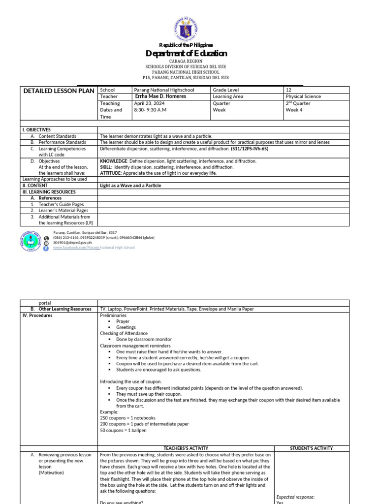 Detailed Lesson Plan: Light in Physics | PDF | Wavelength | Diffraction