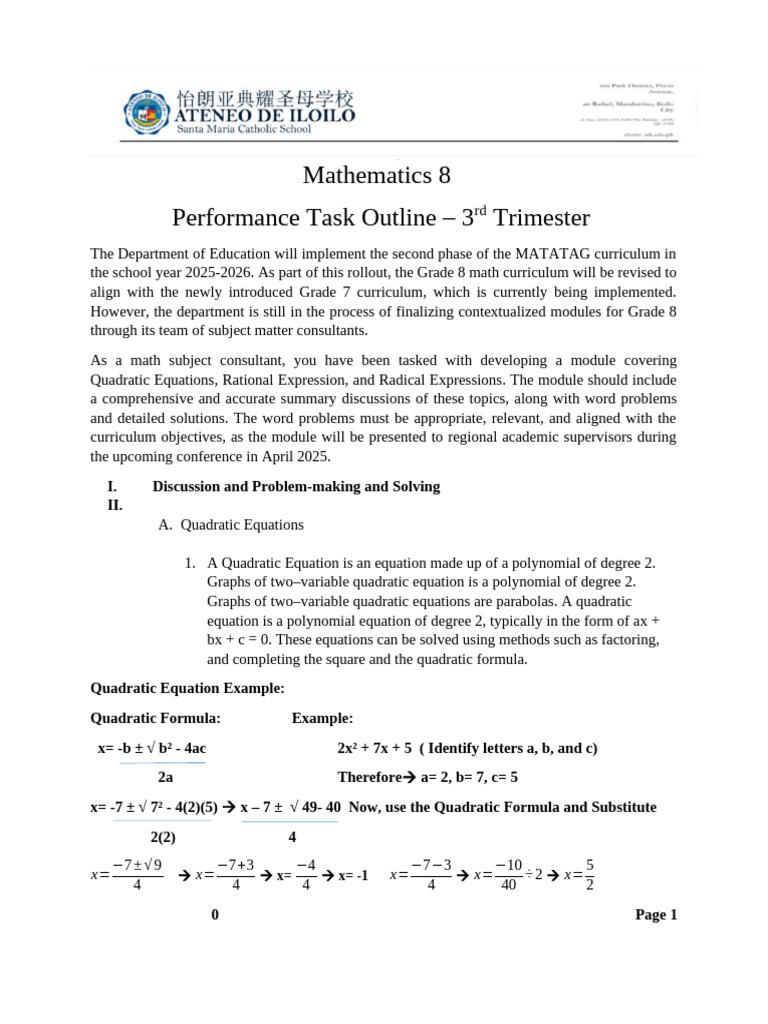 Grade 8 Math Performance Task Guide | PDF | Quadratic Equation | Equations