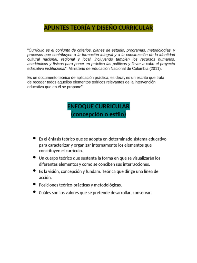 Apuntes Teoría y Diseño Curricular | PDF | Plan de estudios | Aprendizaje