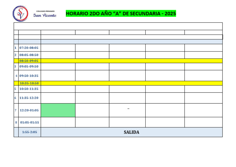 Horario 2do Año A Secundaria 2025 | PDF