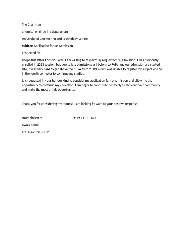 Request for Re-Admission Application | PDF