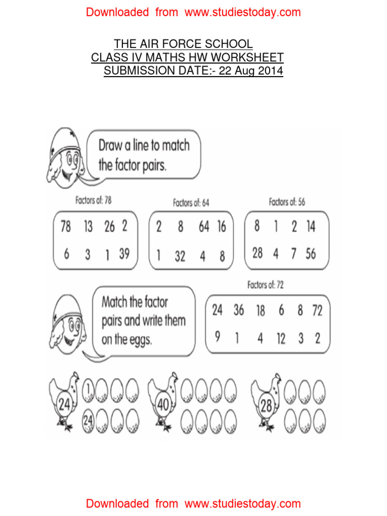 CBSE Class 4 Maths Revision Worksheet 115 Factors | PDF