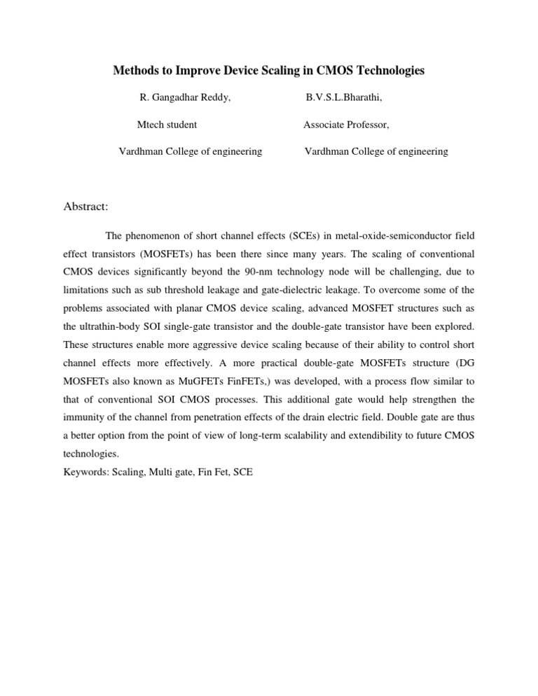 Methods To Improve Device Scaling in CMOS Technologies by Gangadhar | PDF