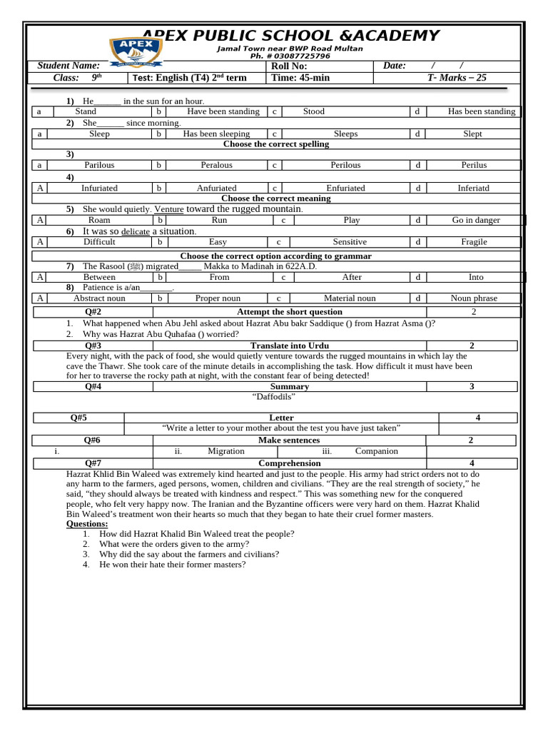 9th Grade English Test Paper | PDF | Syntax | Grammar