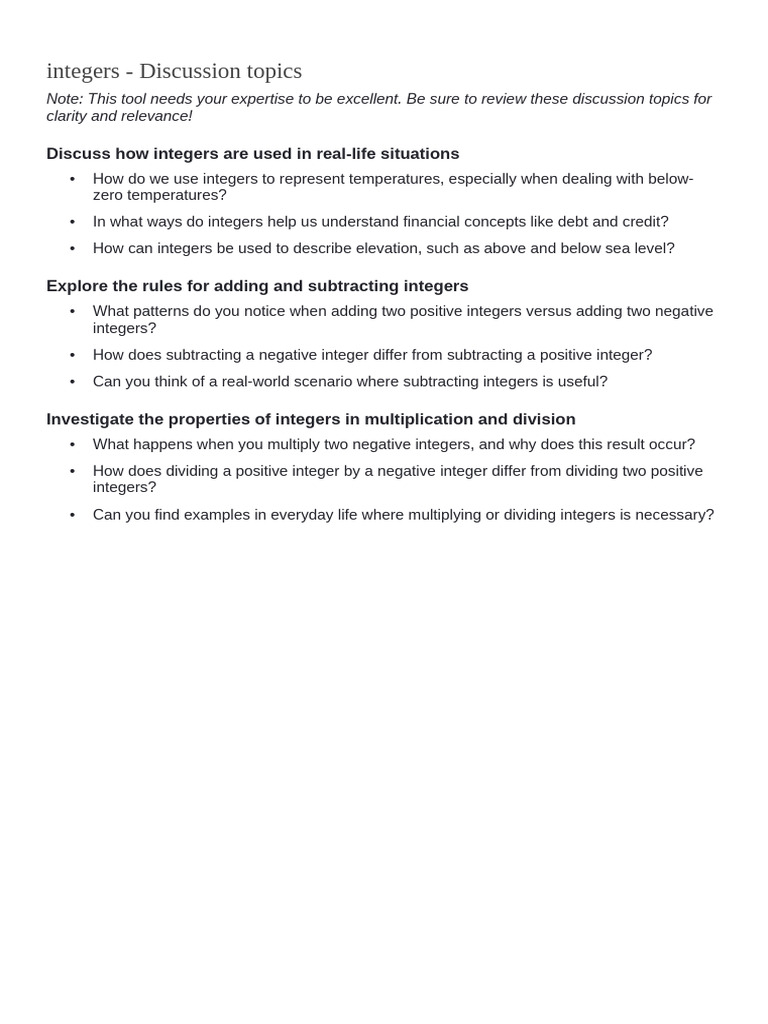 Integers - Discussion Topics | PDF