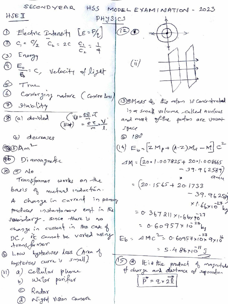 Kerala Plus Two Physics Model Exam Feb 2023 Answer Key | PDF