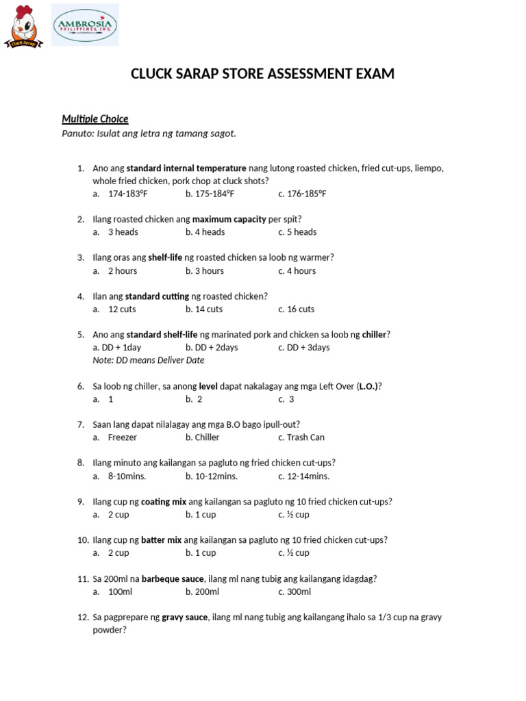 Cluck Sarap Store Assessment Exam | PDF
