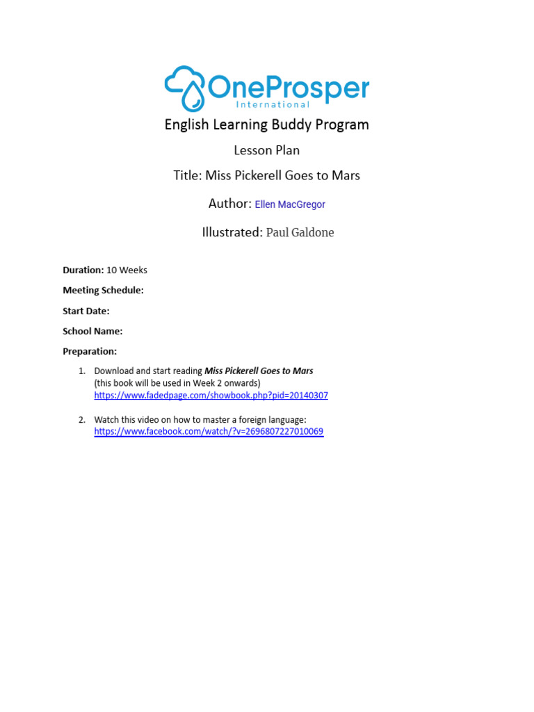Lesson Plan - Miss Pickerell Goes To Mars | PDF | Mars
