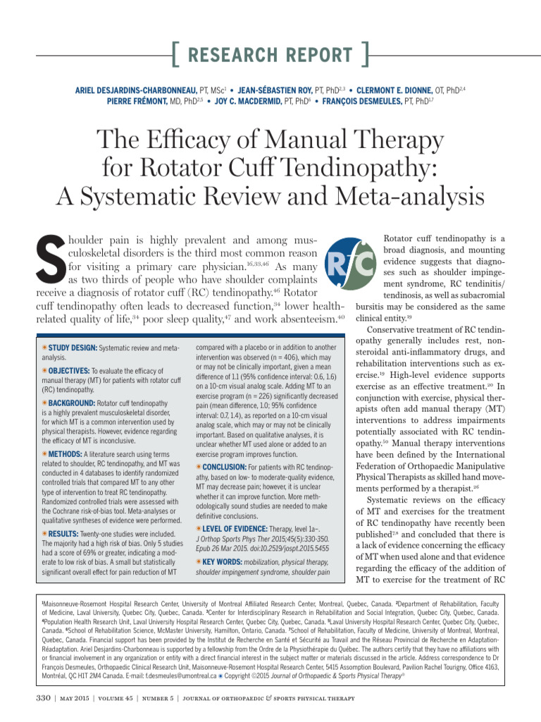 Desjardins Charbonneau Et Al 2015 The Efficacy of Manual Therapy For ...