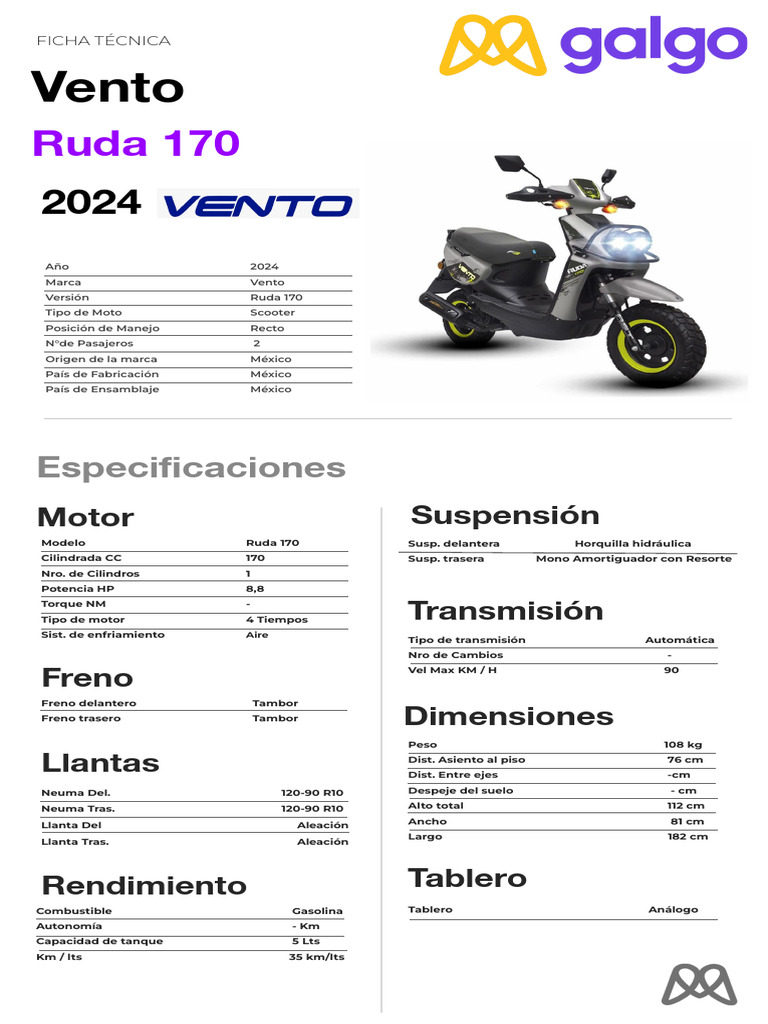 Ficha Técnica Vento Ruda 170 2024 | PDF