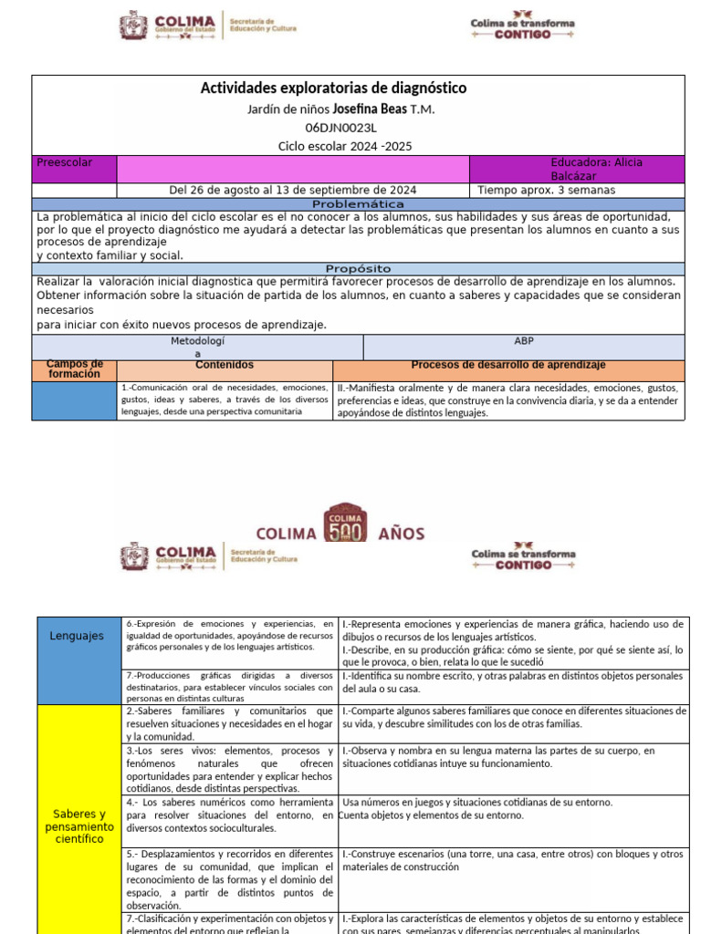 Diagnóstico Inicial en Jardín de Niños | PDF | Educación de la primera ...