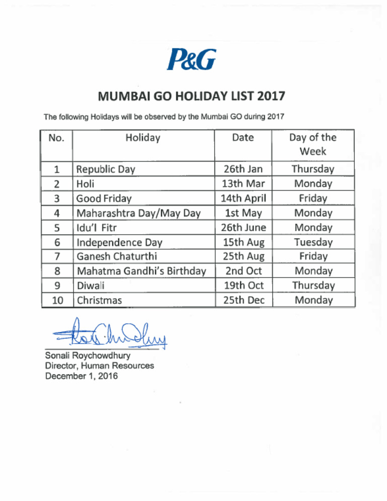 GO Holiday List 2017 | PDF