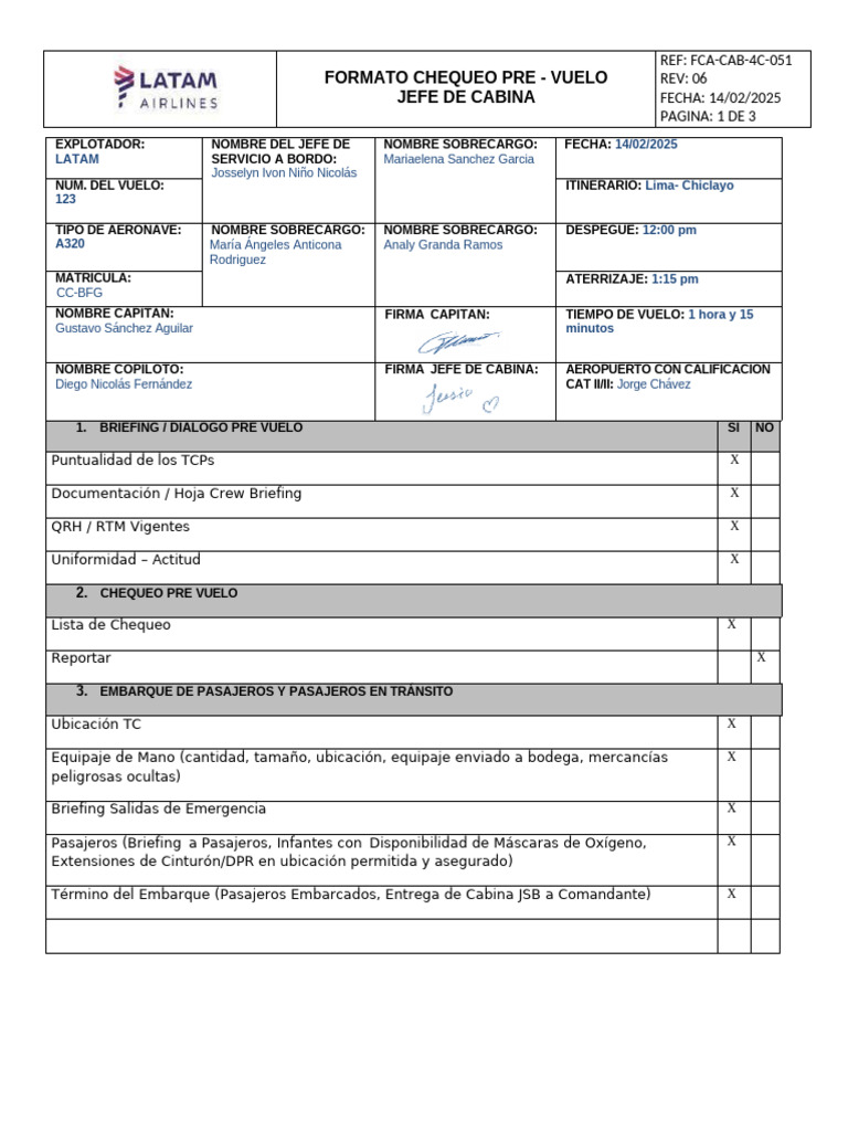 Formato Chequeo - Pre-Vuelo-1 | PDF | Auxiliar de vuelo | Configuraciones  de aeronaves