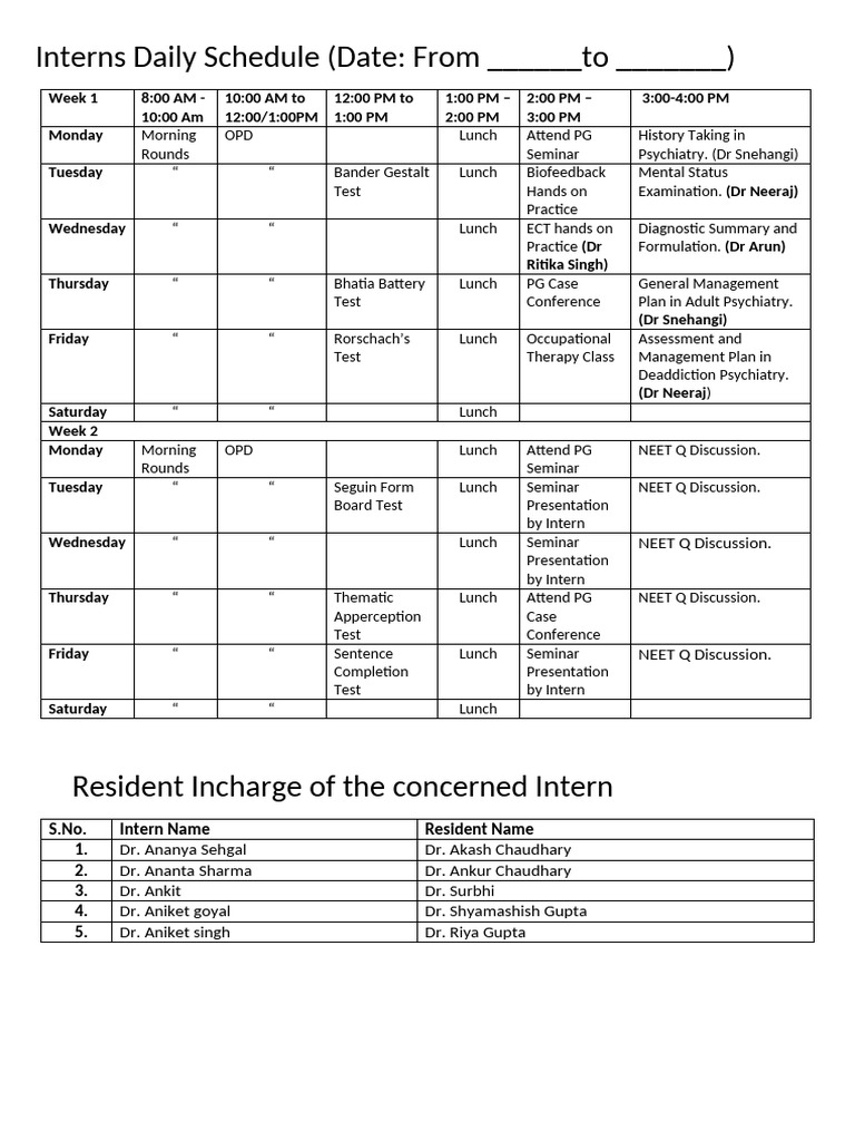 Interns Daily Schedule for Psychiatry Training | PDF | Psychotherapy ...