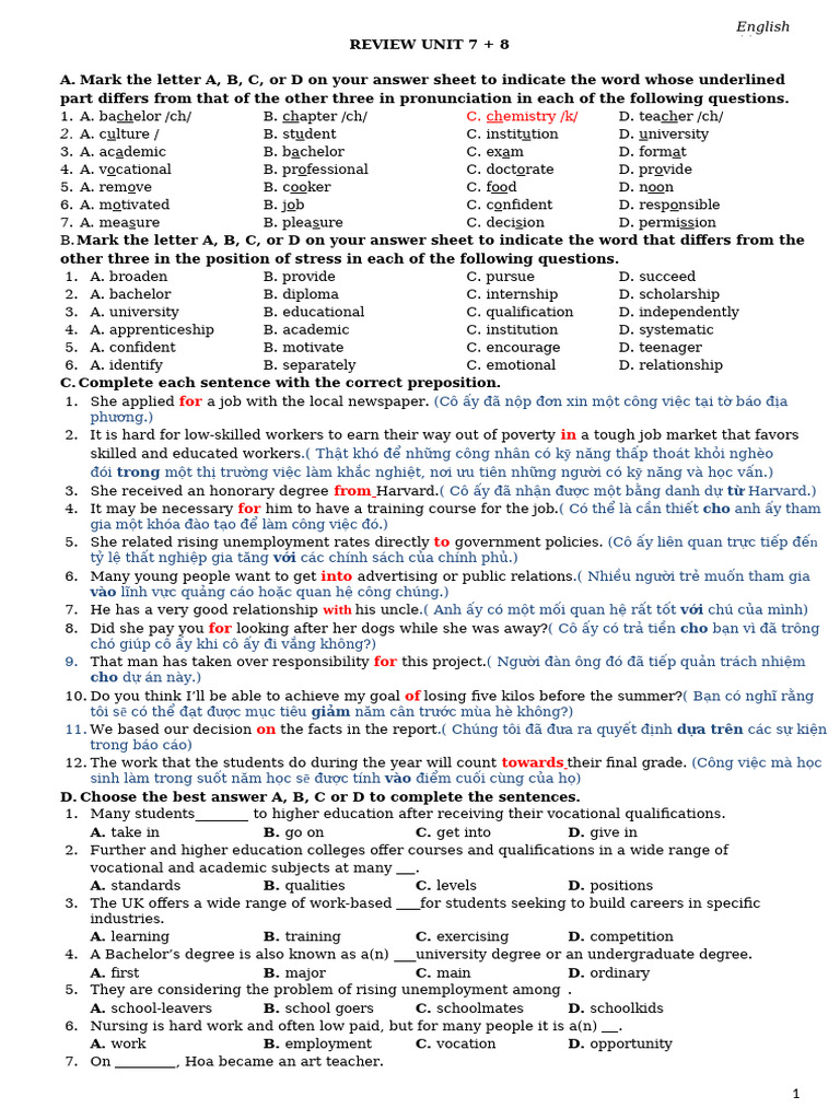 English Review: Units 7 & 8 Exercises | PDF | Academic Degree ...
