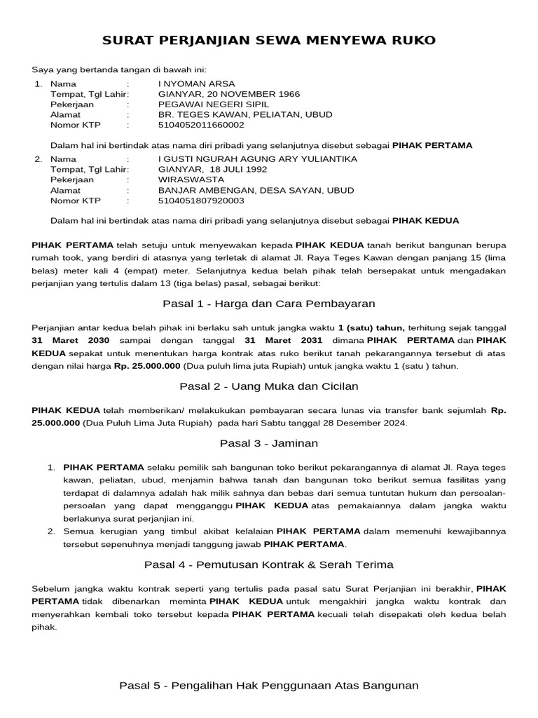Surat Perjanjian Sewa Ruko 2024 | PDF