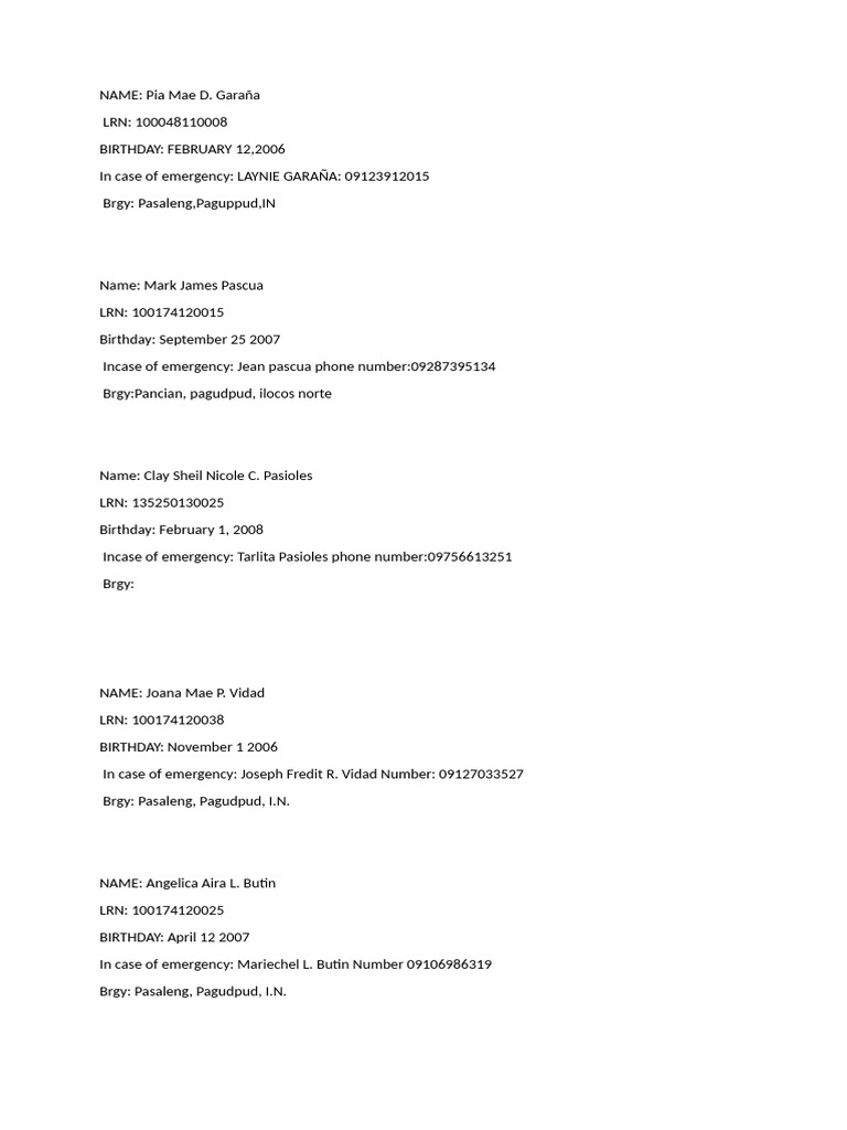 Student Emergency Contact List | PDF