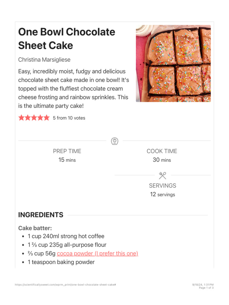 One Bowl Chocolate Sheet Cake Recipe | PDF | Cakes | Chocolate