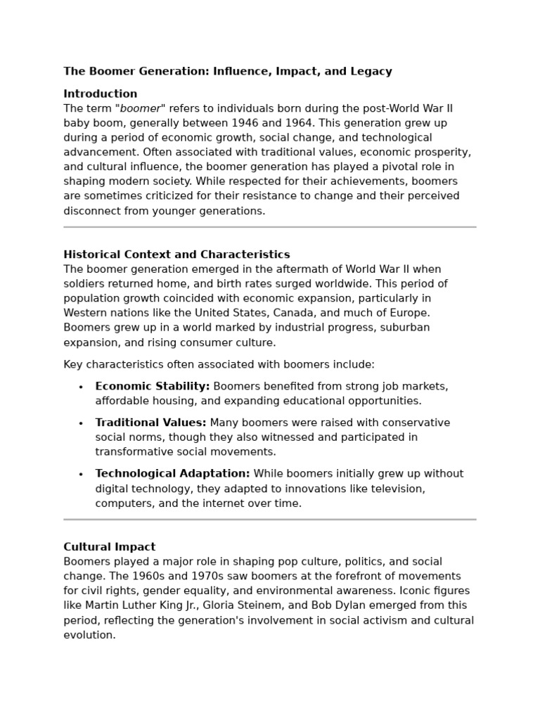 Boomer Generation: Impact and Legacy | PDF | Cost Of Living | Baby Boomers