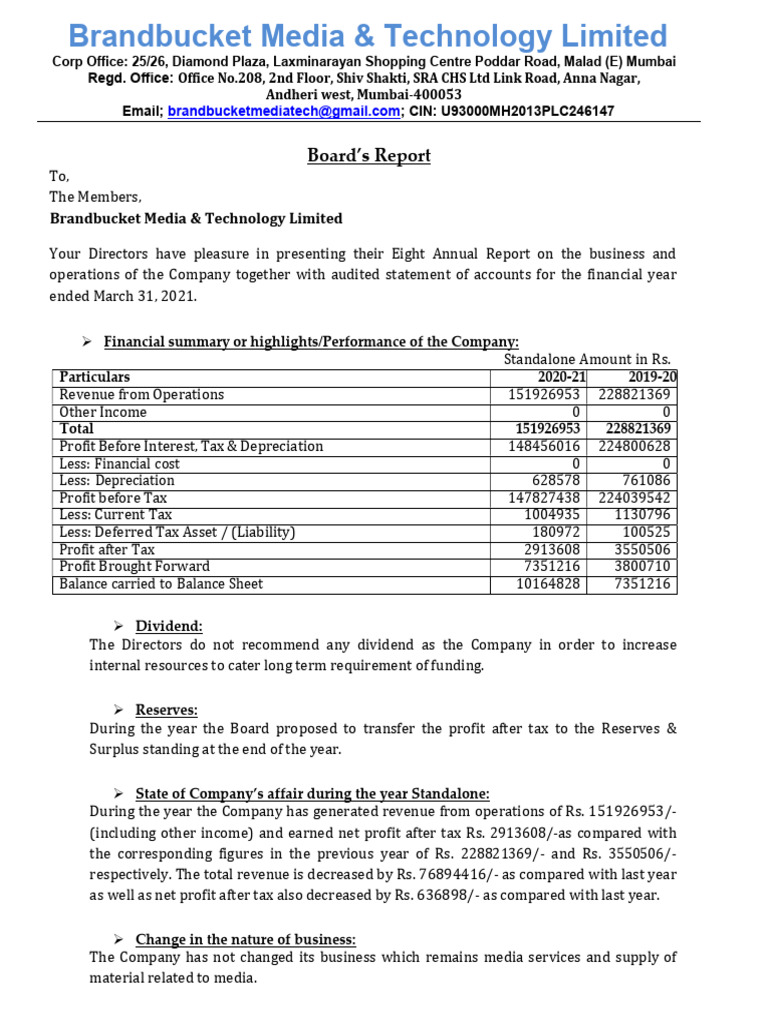 Brandbucket Media & Technology Limited FY 20-21 | PDF | Taxes ...