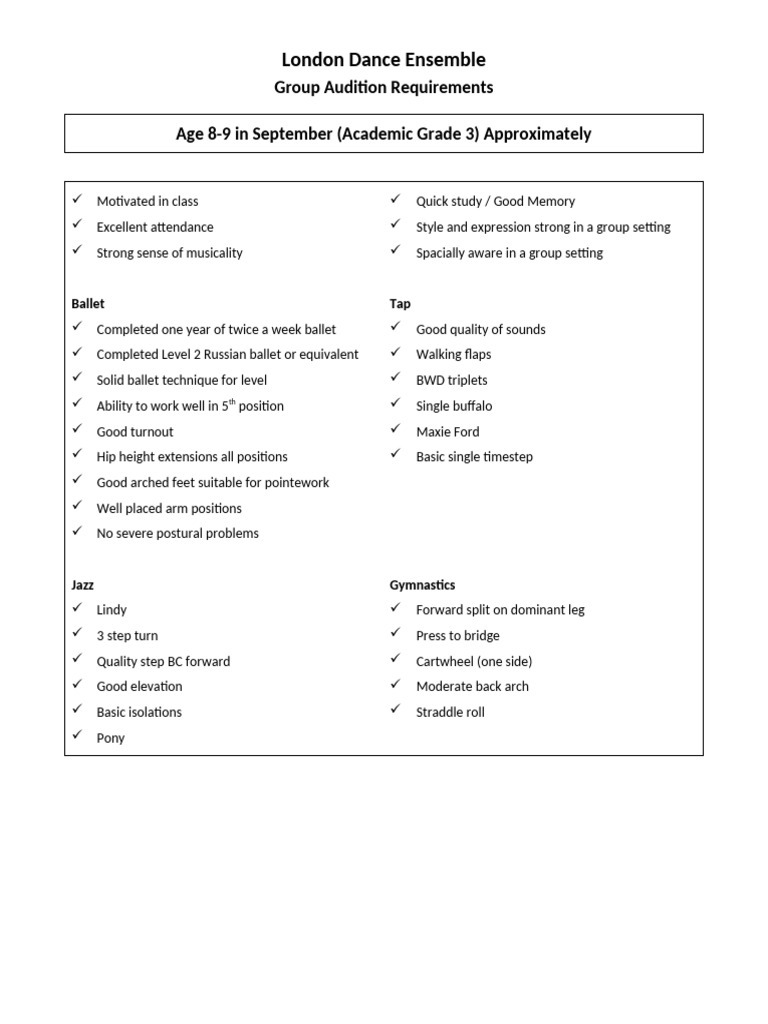 London Dance Ensemble Audition Criteria | PDF | Ballet | Dances